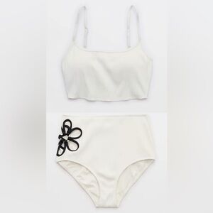 Aerie White Ribbed Scoop Longline Bikini Top & Daisy High Rise Bikini Bottom